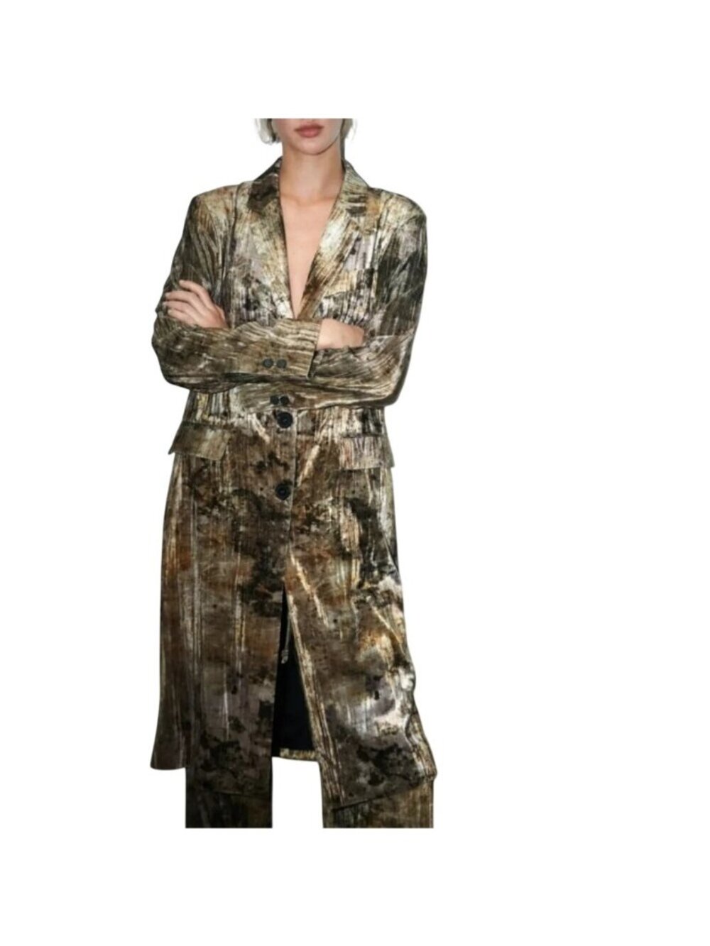 Zara Tie-Dye Velvet Long Coat Size Small Brown Gold Bbstract Pattern - Picture 2 of 14